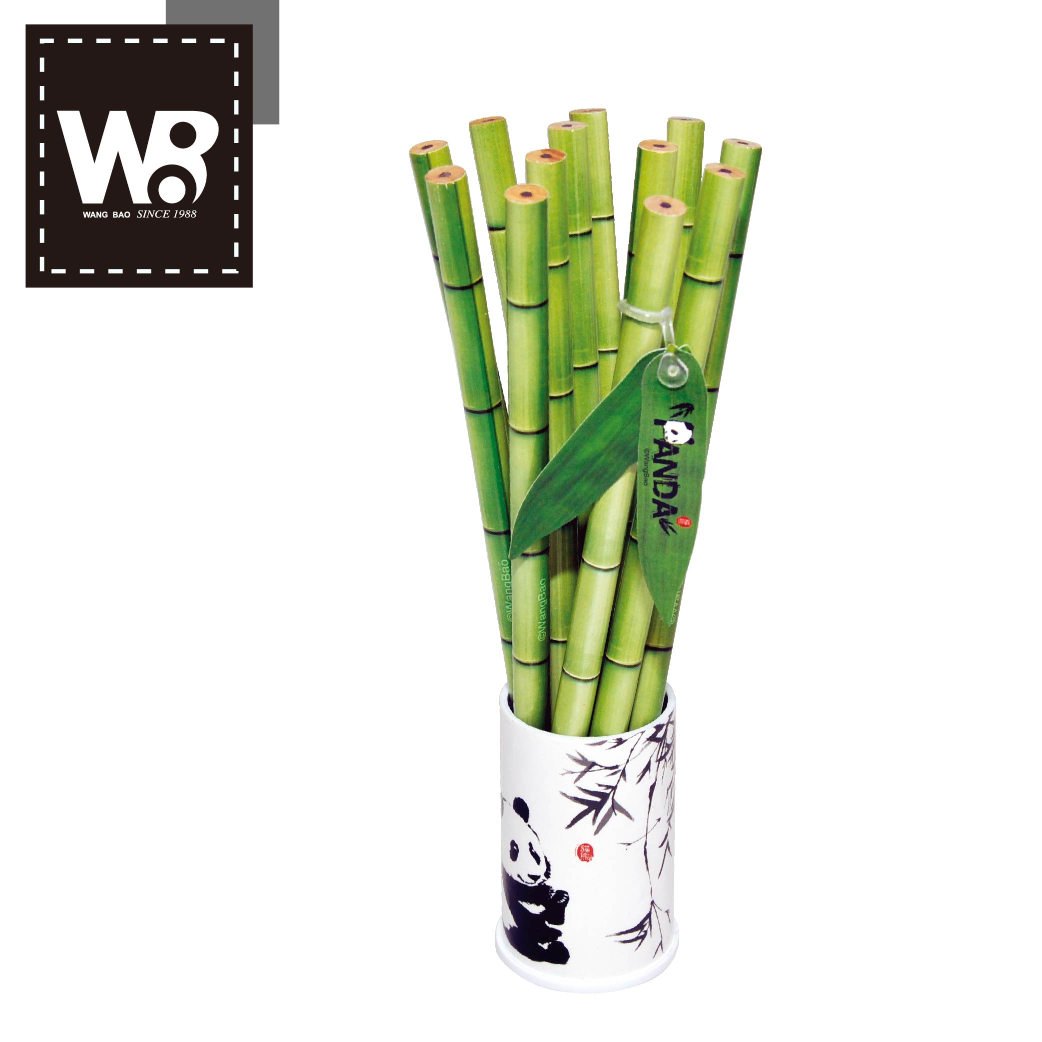 貓熊木頭竹子鉛筆12支入筆筒組